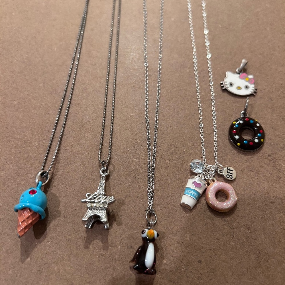 6 Fun Charms Necklaces Set - Silver, Blue, Pink